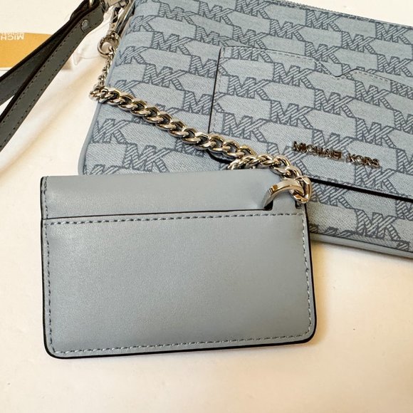 Michael Kors Jet Set Item Large 2 in 1 Card Case Wristlet Clutch MK Pale Blue - Picture 8 of 11